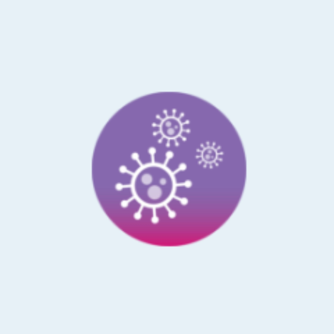Icon of a white stylized virus or cell inside a purple circle