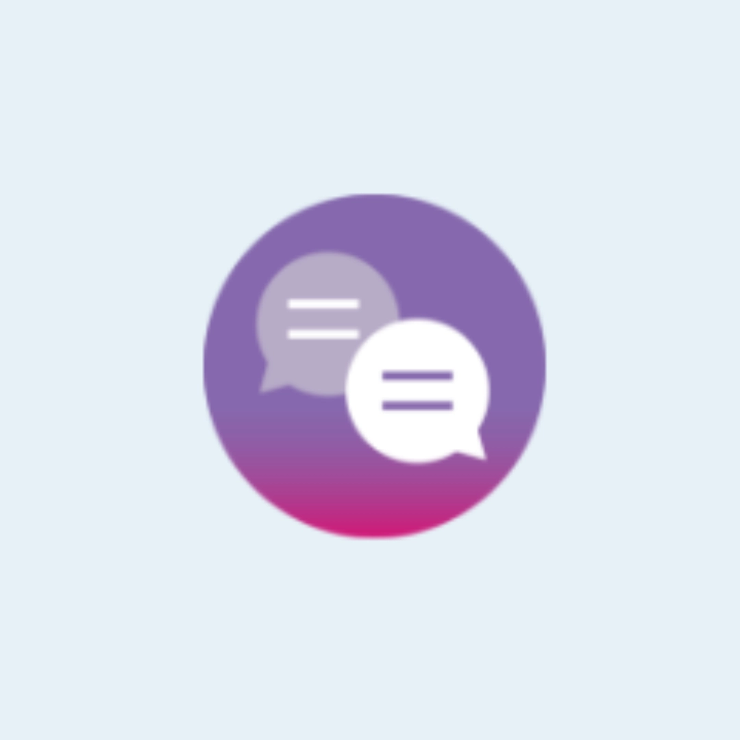 Icon of two overlapping speech bubbles inside a purple circle