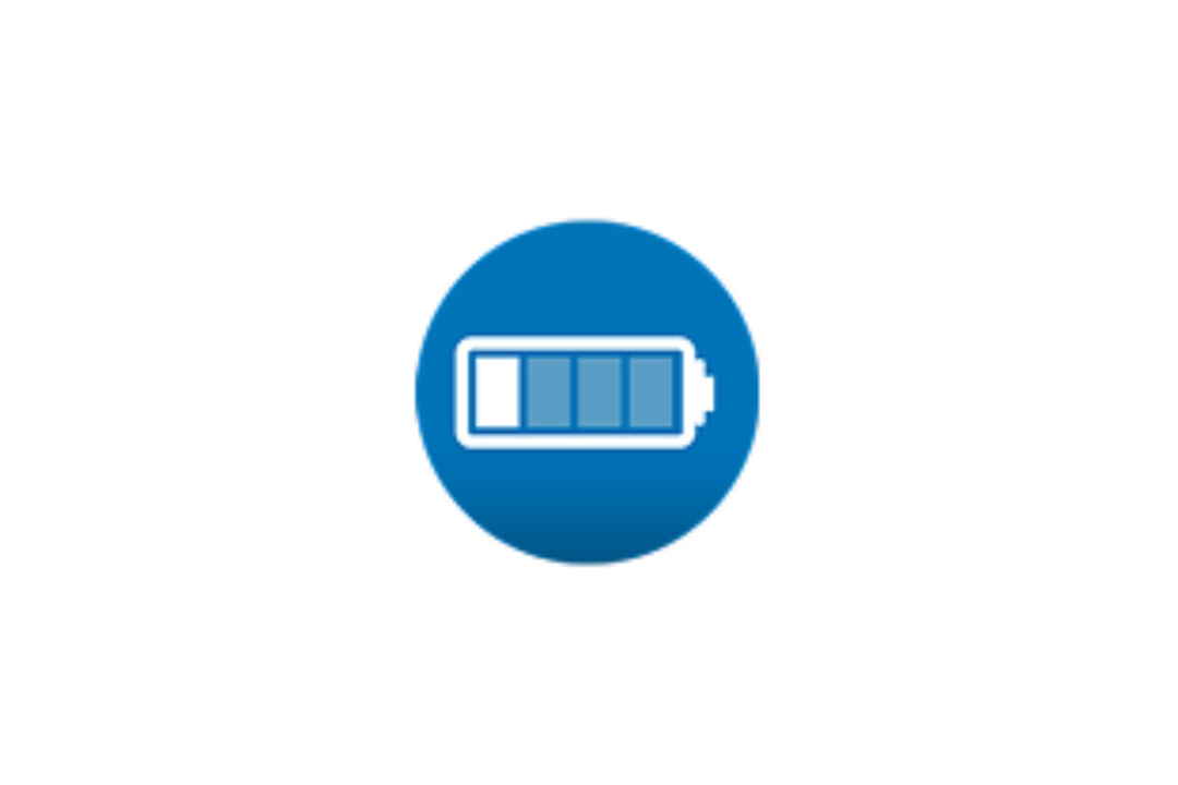 Icon of a battery indicating level of charge inside a blue circle.