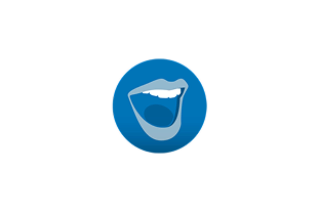Icon of an open mouth with white teeth and tongue inside a blue circle.