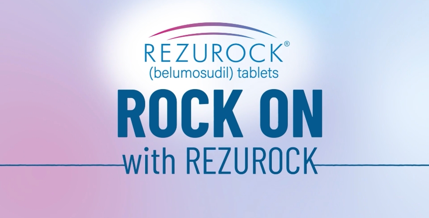 REZUROCK® (belumosudil) tablets logo with the tagline 'ROCK ON with REZUROCK'.