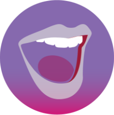 Icon of an open mouth with white teeth and tongue inside a purple circle