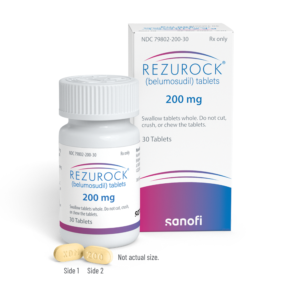 REZUROCK® (belumosudil) 200 mg tablets by Sanofi, shown with two yellow oval tablets with the text "Not actual size"