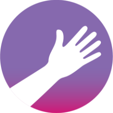 Icon of a white hand reaching diagonally inside a purple circle